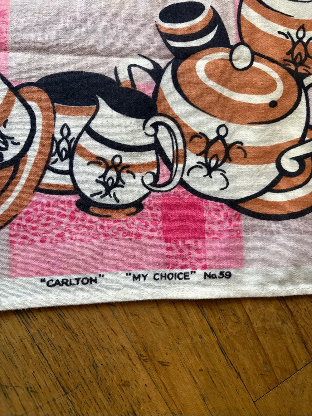 Vintage Pink, Cream and Brown Tea Towel with Teapot and Cup Motif